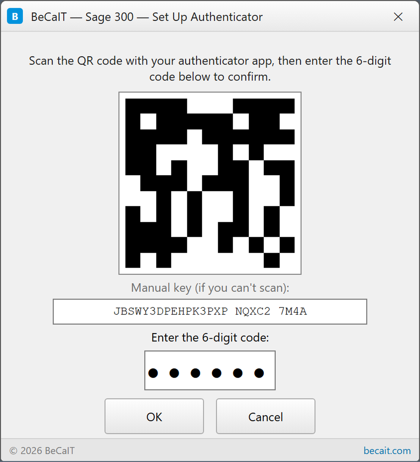 Set Up Authenticator dialog showing a QR code and a manual key