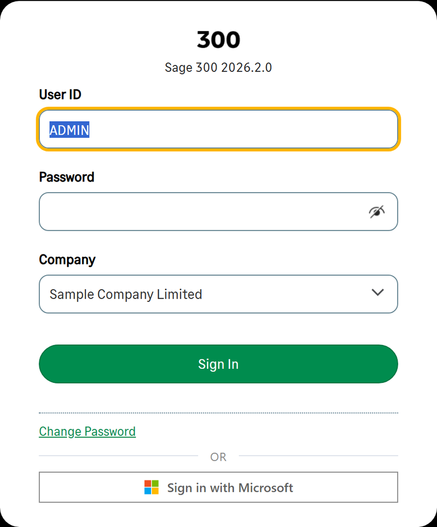 The Sage 300 sign-in screen with a Sign in with Microsoft button added beneath the standard fields