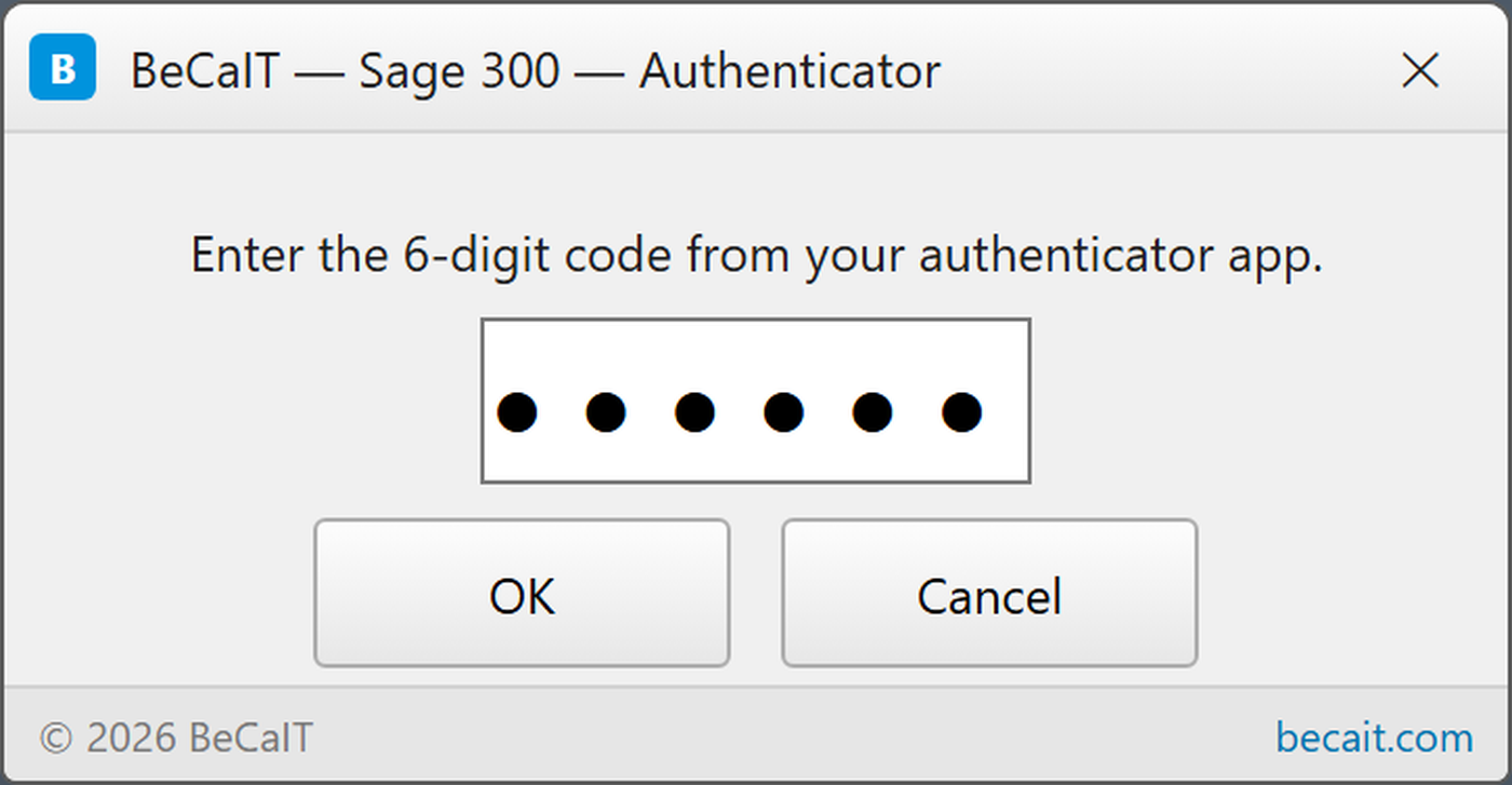 Authenticator dialog asking for a six-digit code