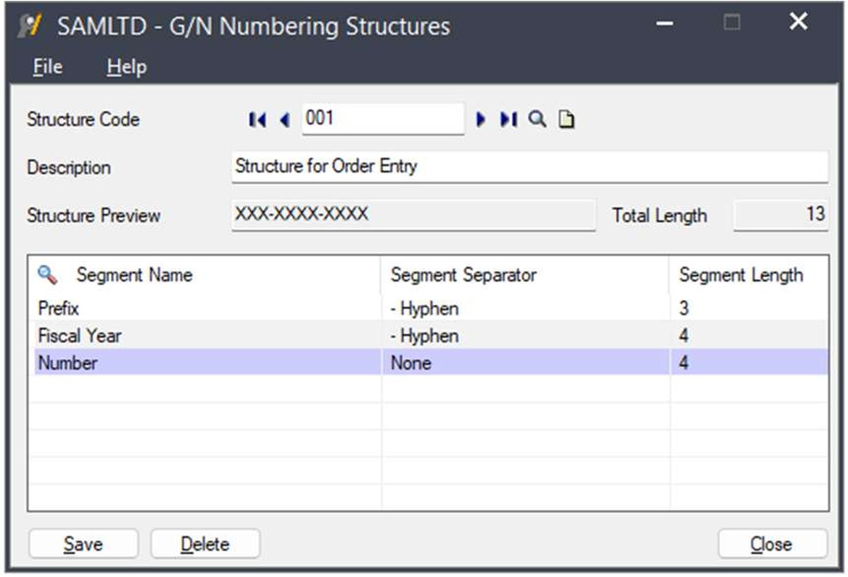 G/N Numbering Structures window showing a three-segment structure of prefix, fiscal year and number