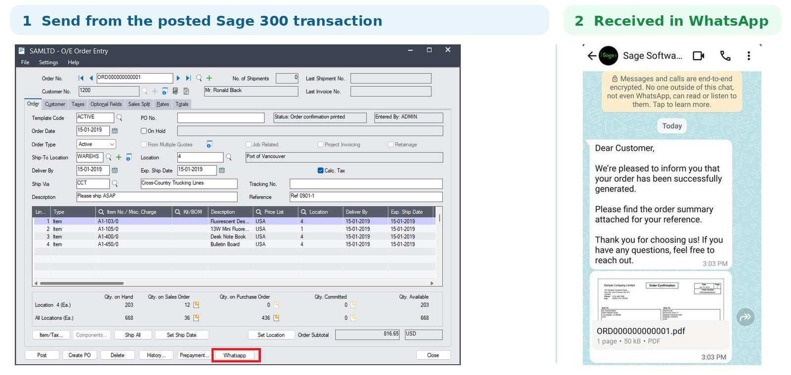 A posted Sage 300 O/E order with a WhatsApp button, and the message with PDF received in WhatsApp