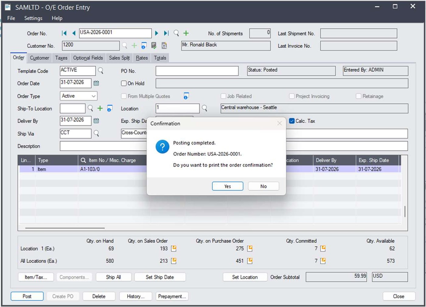 Sage 300 O/E Order Entry confirming posting completed with order number USA-2026-0001