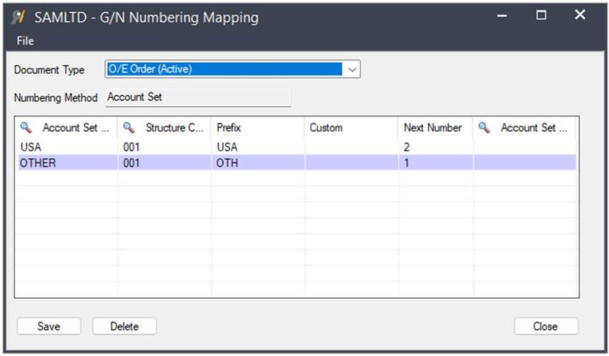 G/N Numbering Mapping window mapping structure 001 to O/E Order by Account Set